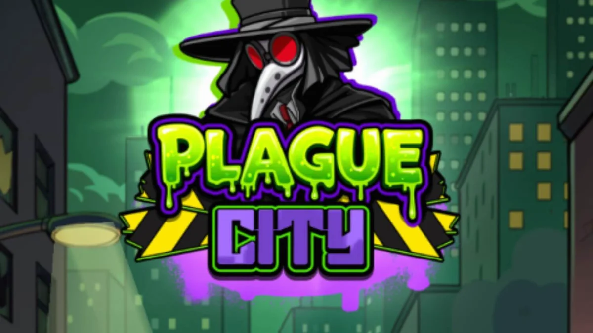 Tampilan visual slot Plague City dengan tema apokaliptik dan ilmuwan bertopeng