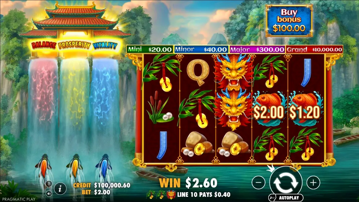 Tampilan visual slot Dragon’s Gate Bonus Choice dengan tema naga dan pegunungan