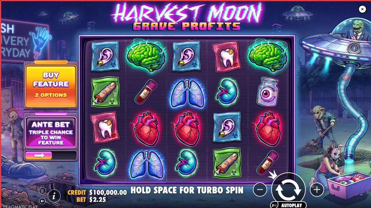 Tampilan visual slot Harvest Moon Grave Profits dengan tema horor sci-fi yang mencekam